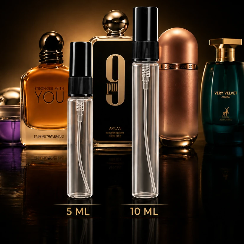 Atomizadores de 5 ml y 10 ml junto a los frascos originales de los que se fraccionan